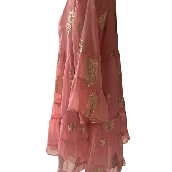 Simply Southern pink gauzy tiered short dress foiled tinsel gold pineapples XXL - Picture 3 of 13